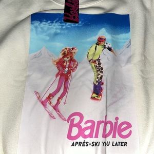 NWT Barbie Sweatshirt. “Apres-ski you later”. Size XL Juniors. Cream and pink.